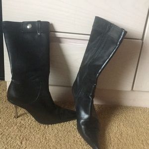 Black leather calf height boots w silver heel 39.5.